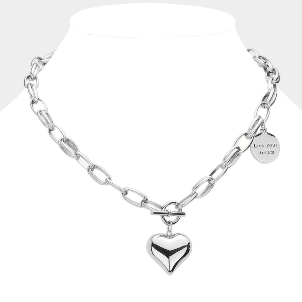 Rhodium Plated Stainless Steel Toggle Heart Necklace
